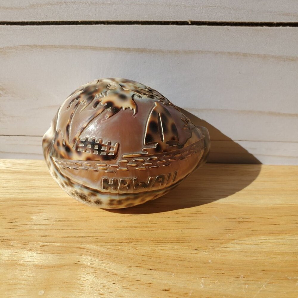 Hawaiian Carved Cowrie Shell Souvenir Decor With Tropical Design And Hawaii Text